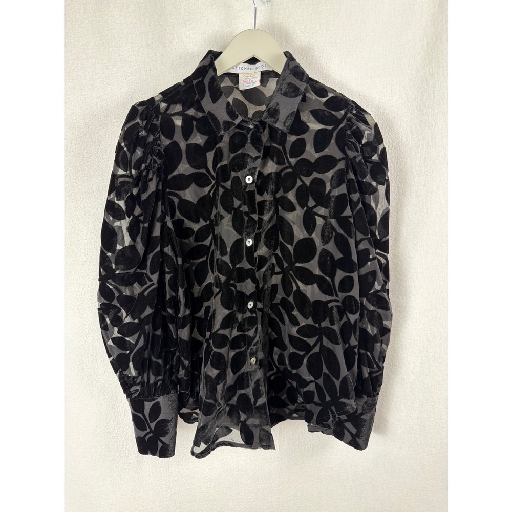 Gretchen Scott Black Burnout Velvet Leaf Print Sheer Blouse Womens Sz M
